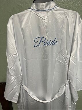White Bride Satin Robe with Blue Piping Size XL